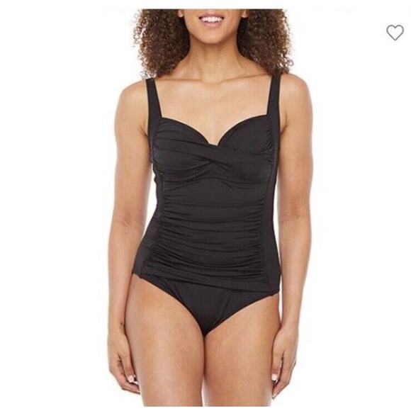LIZ CLAIBORNE Bathing Suit Womens Size 14 One Piece Solid Black ruched Halter - Picture 1 of 6